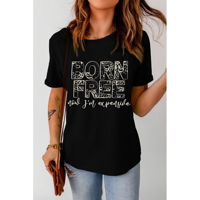 ABPHQTO Camiseta negra de manga corta con estampado de letras BORN FREE para mujer