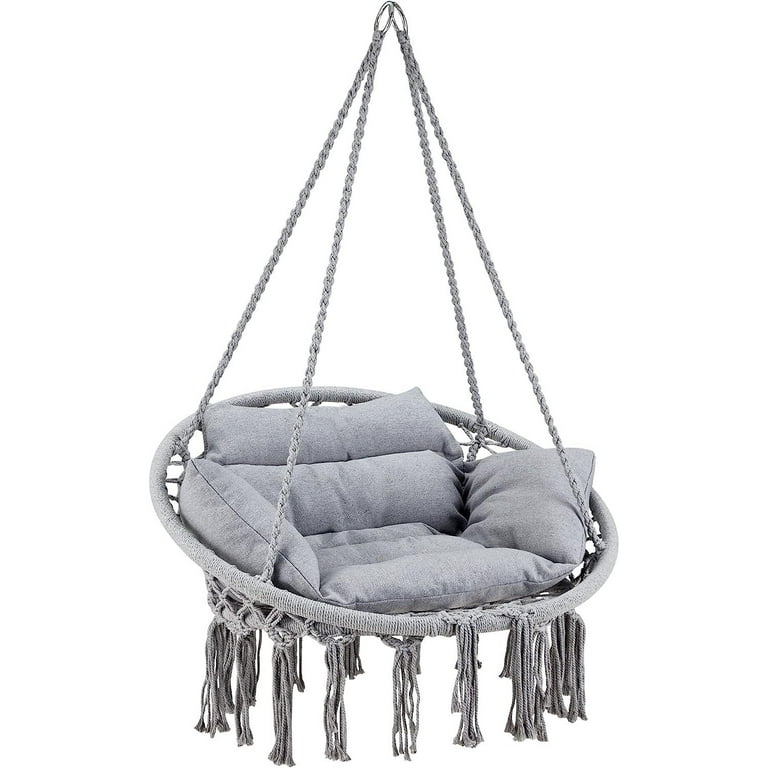 Bilot Macrame Hammock Hanging Swinging Chair Perfect for Bedroom Porch Kids Adults Balcony with Thick Cushion Grey Ceiling Mounting Hardware Not