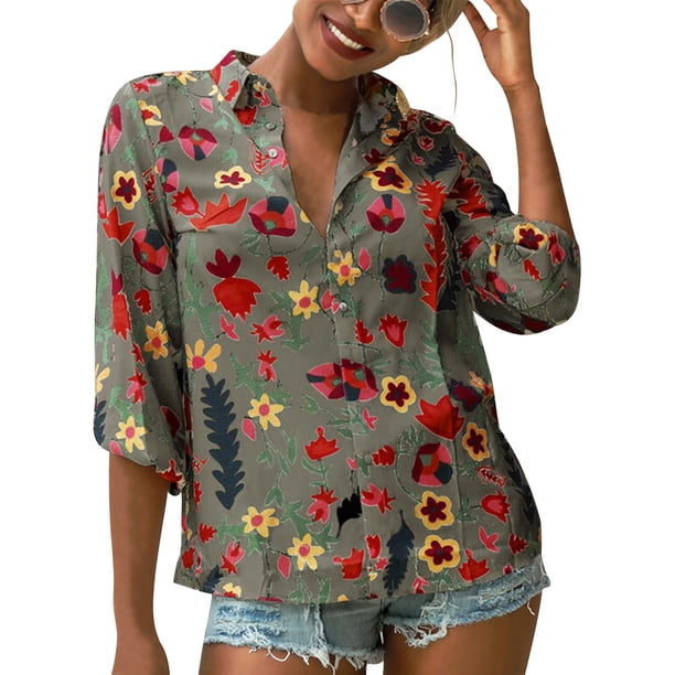 sweethay Blusa informal con botones de manga larga y estampado de gasa para mujer Prendas para la parte del cuerpo Gris L
