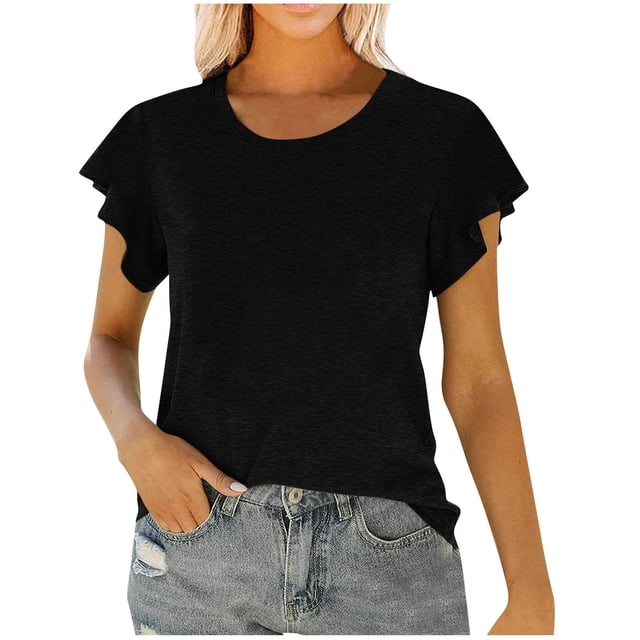 Diufon T-Shirts à Manches Courtes pour Femmes Chic Décontracté Basique Manches à Volants Hauts d'Été Vêtements de Mode de Printemps