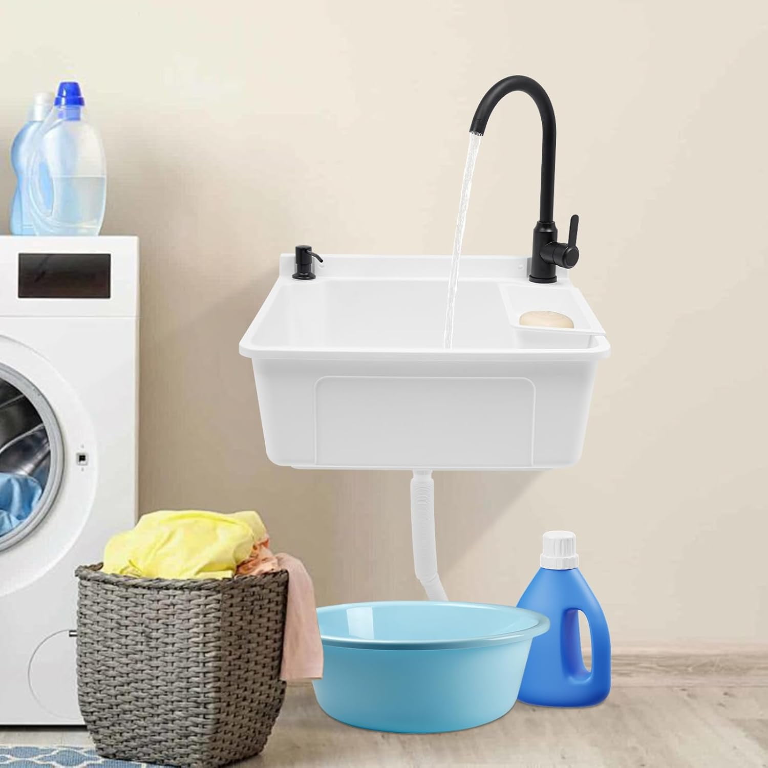 Wall-Mounted Utility Sink Tub Kit with Aluminum Alloy Faucet and Soap Box,Black Anti-clogging Laundry Sink for Bathrooms, Sundry Rooms, Garages(White)