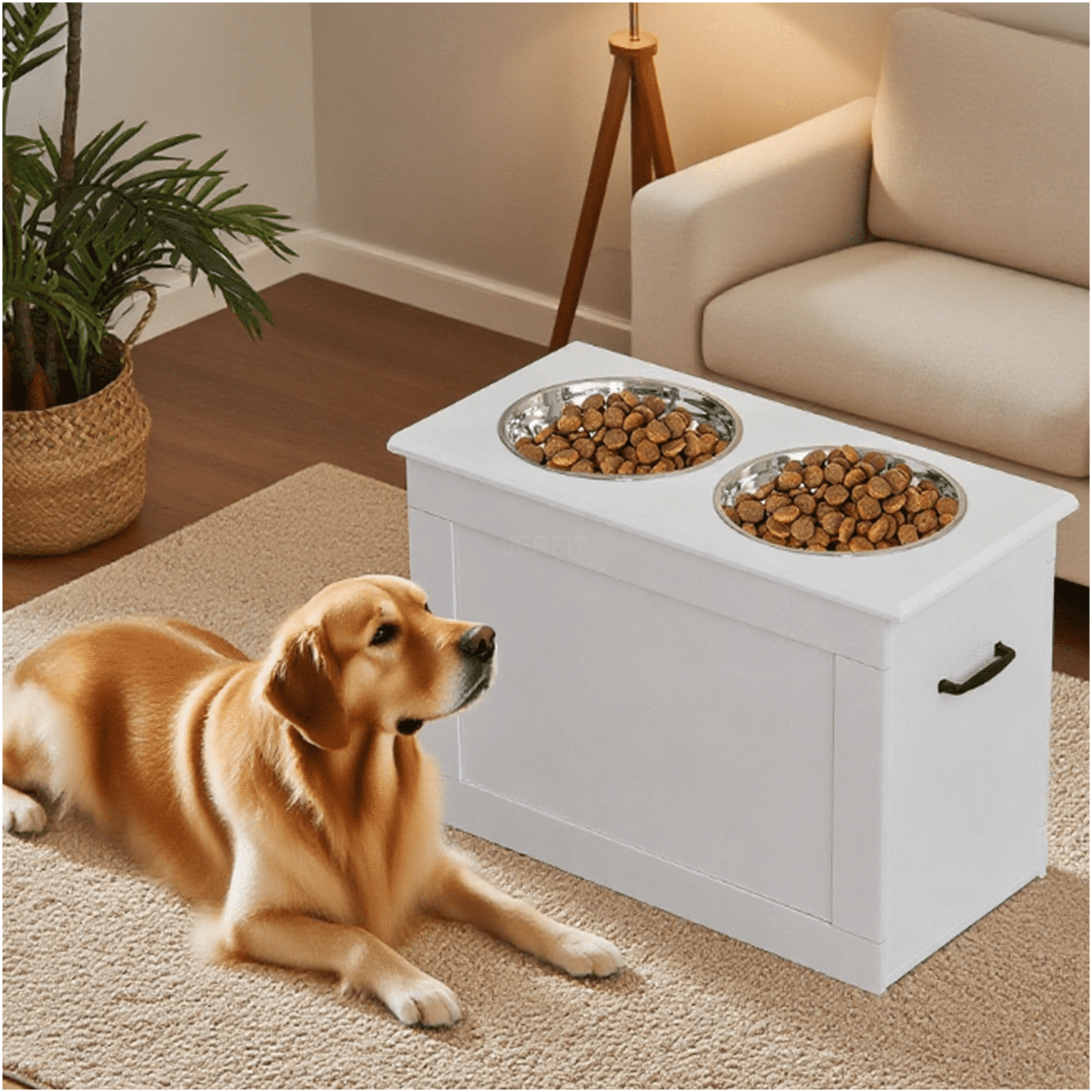 JERFIT Elevated Dog Feeder Stand with Storage, White Pet Food Station with 2 Stainless Steel Bowls for Large Breeds, Raised Dog Bowl Holder