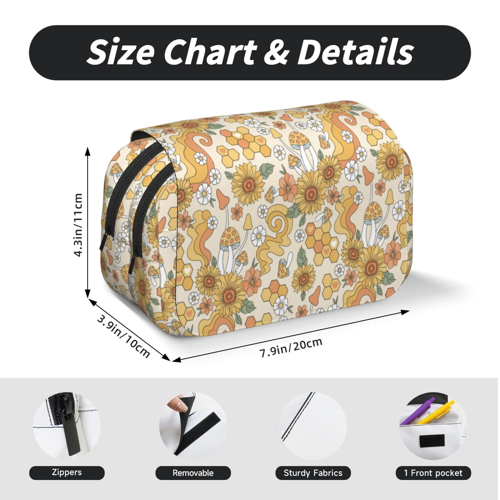 Rateoe Retro 70s 60s Flower Pattern Double Clamshell Pen Case, Storage Organizer with Two Zipper Compartments– Holds Up to 50 Pencils & Pens