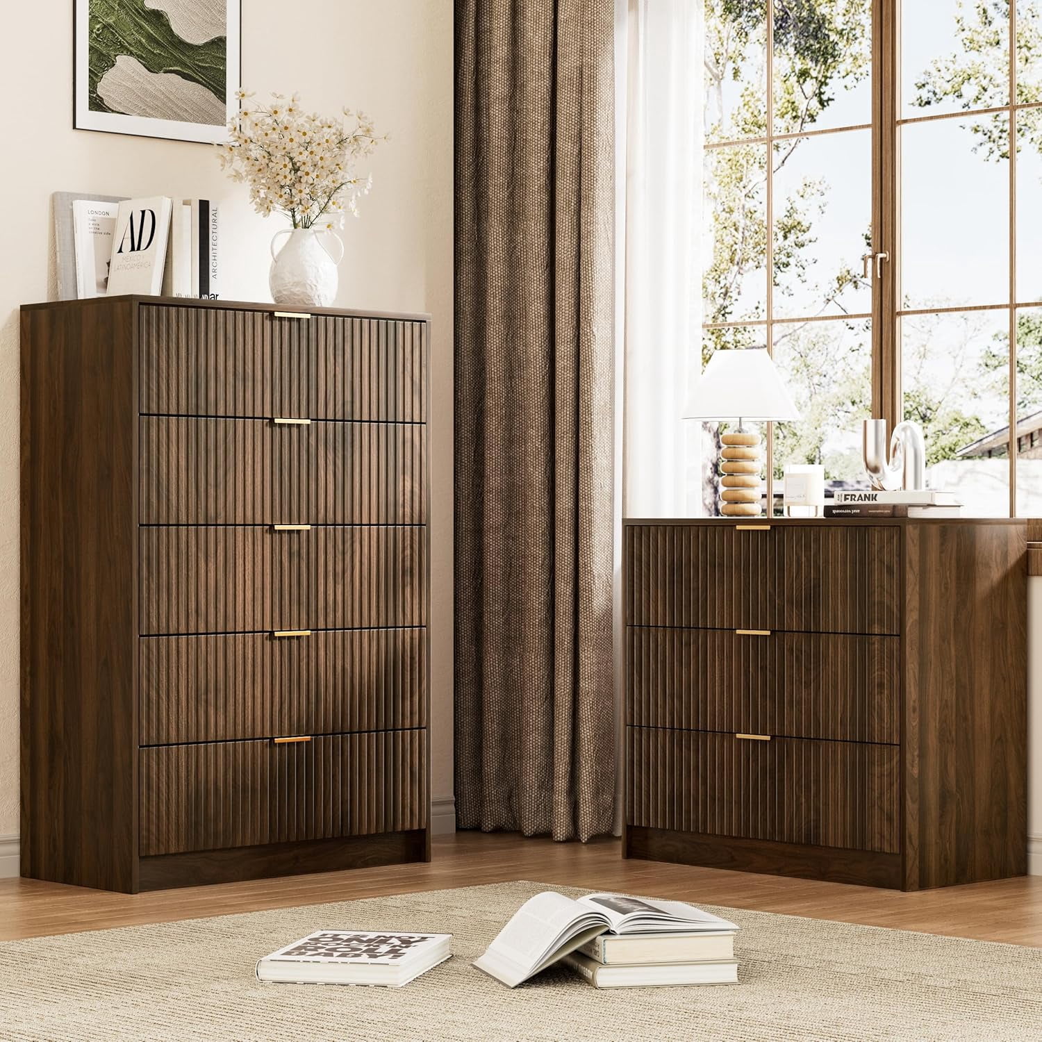 Walnut Dresser for Bedroom, Modern Dresser with 3 Drawers and Smooth Slides, Wide Chest of Drawers with Golden Handles for Bedroom, Living Room, Closet, 15.7" D x 31.5" W x 29.6" H