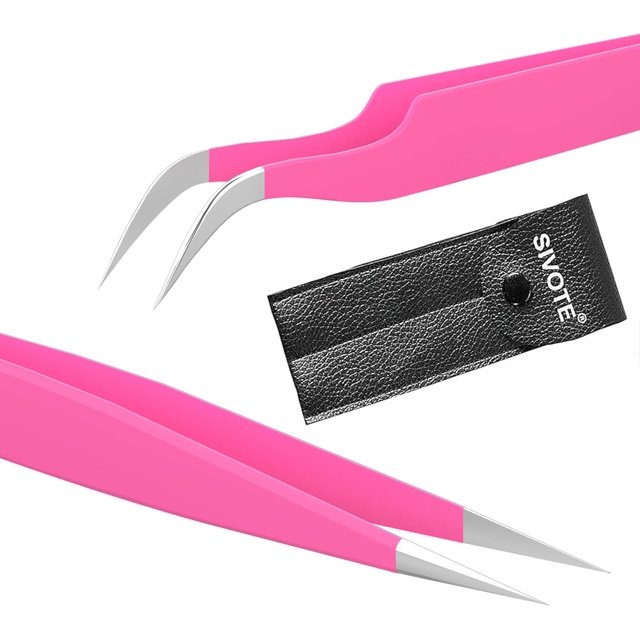 SIVOTE Lash Tweezers for Eyelash Extensions, Hand Calibrated Straight & Curved Tip, Pack of 2, Pink Eyelash Tweezers for Lash to Elevate Your Lash Artistry!