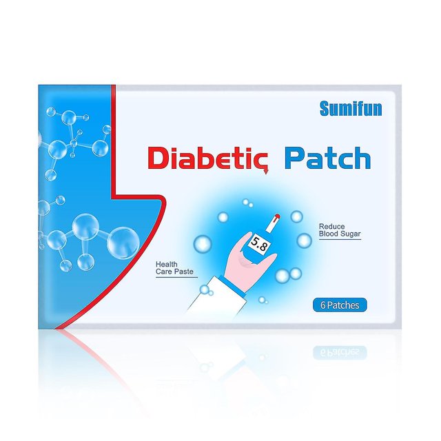 6 parches para diabetes, azúcar en sangre, yeso para diabéticos, medicina china, hierbas, glucosa baja, 11 caja frontal con el texto "Diabetic Patch" y marca Feliz, vista frontal centrada con gráfico de mano y medidor de glucosa (5.8), burbujas azules, panel azul izquierdo y etiqueta "6 Patches"; paquete simple y sin factura. Uso alternativo: adecuado como parche tópico de bienestar no médico.