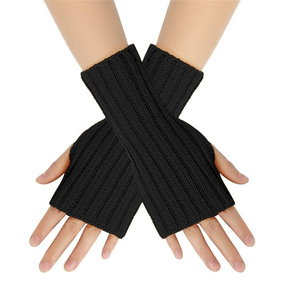 PINQI Ladies Warm Gloves for Riding Women Cold Weather Insulated Solid Color Multicolor Wool Short Striped Knit Half Finger Gloves Gloves Mitten Fingerless Arm Gloves(Black,One Size)