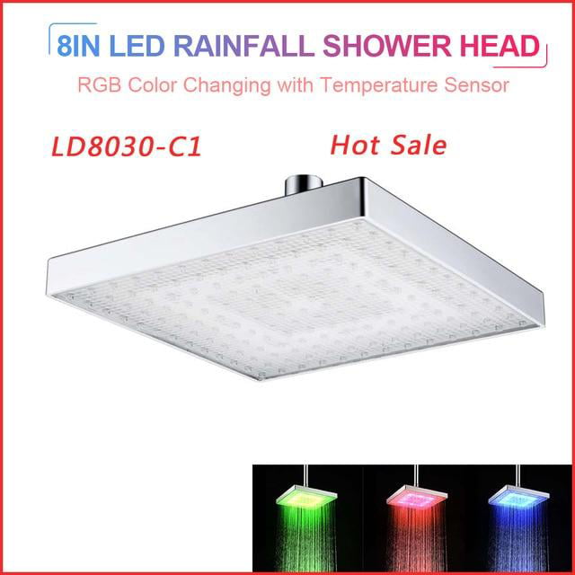 New LED Rainfall Shower Head Automatically RGB Color-Changing Temperature Sensor 
