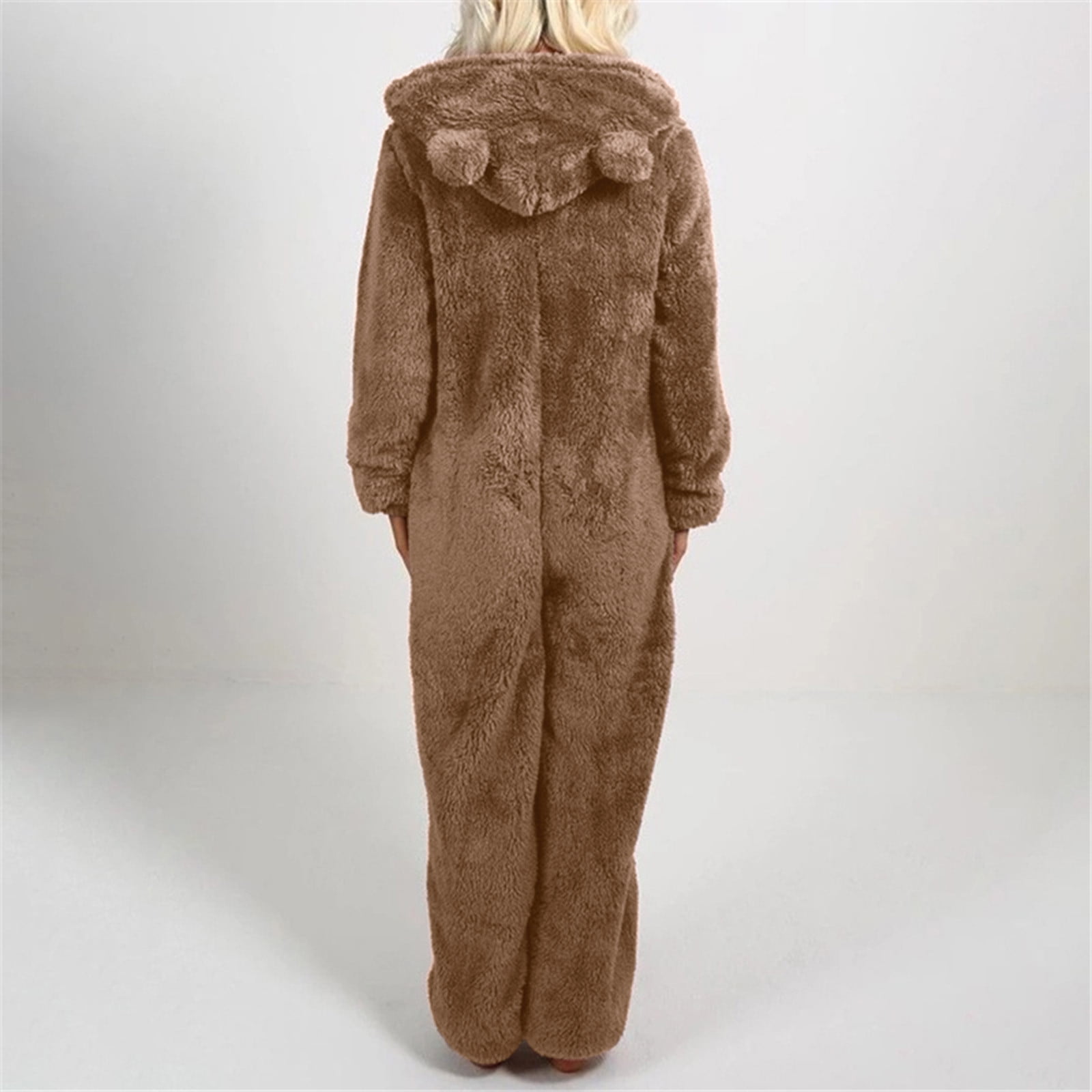 QATAINLAV Sherpa Fleece Jumpsuit for Women Winter Warm Fuzzy Onesie Pajamas Cute Cat Hooded Romper Casual Zip Up Overalls Sleepwear Back Packs Sales for School Khaki 3XL