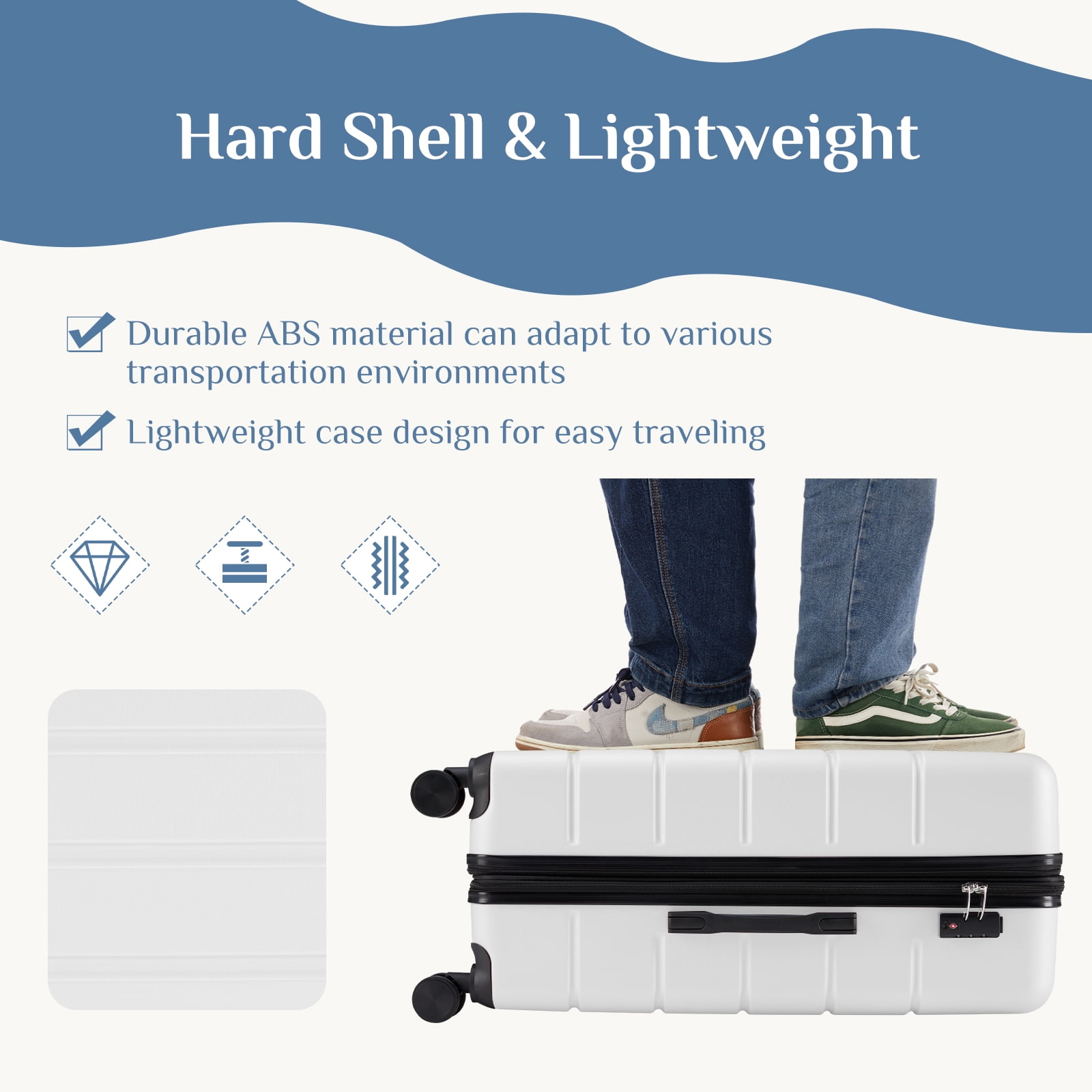 JIOABL 28 Inch Checked Luggage Expandable Hardside Suitcases with Rolling Spinner Wheels & TSA Lock, White