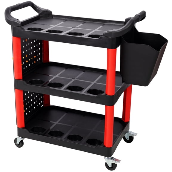 LuckyNote 3 Tier Rolling Auto Detail Cart with Pegboard & Bucket, 300 lb Capacity Mobile Tool Organizer for Garage, Red & Black