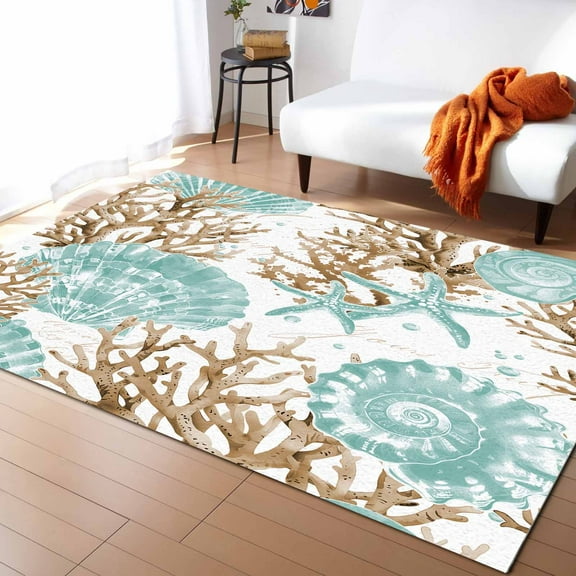 Area Rugs Indoor Non-Slip Rectangle Rug 5x7 Ft Teal Starfish Shell Rug Rubber Backing Floor Mats Non Shedding Home Decor Carpet for Entryway Living Room