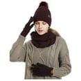 thumbnail image 4 of ZQUUVOU Woman's Winter Beanie Hat Scarf Gloves Set Casual Warm Snow Knit Skull Cap with Faux Fur Pom Solid Color Hat Scarf Glove Set Burgundy, 4 of 6