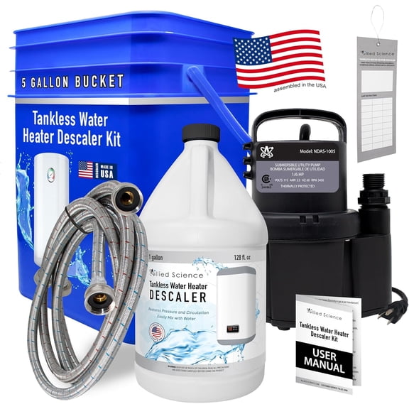 Allied Science Tankless Water Heater Flush Kit with Pump, Bucket, Steel Hoses, and Eco-Friendly Descaler Solution, 5 Gallon System Cleaner Kit