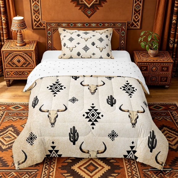 jejeloiu Vintage Western Bull Skull Twin Comforter Sets Kids,Rustic Desert Print Bedding Set For Boy,Reversible,2pcs