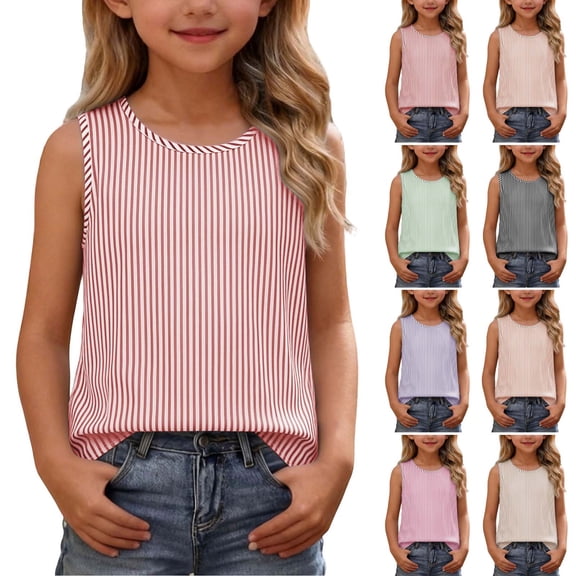 hengsof Girls Tank Tops Fashion Striped Print Sleeveless Shirts Basic Crew Neck Tees Summer Casual Top for Kids