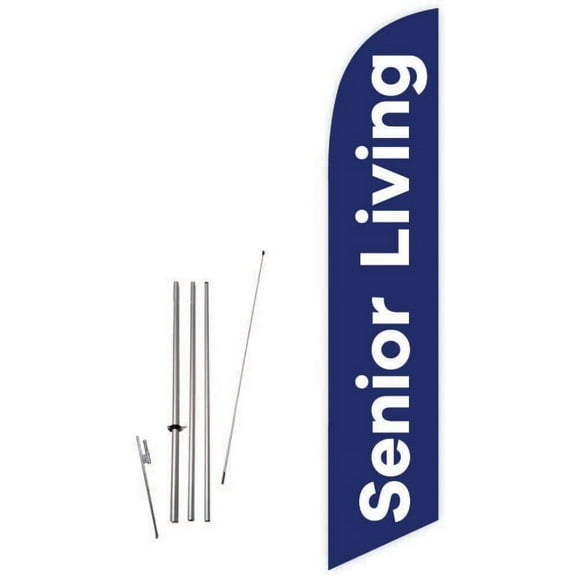 Cobb Promo Senior Living Dark Blue Feather Flag with Complete 15ft Pole kit and Ground Spike