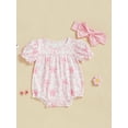 thumbnail image 4 of BemeyourBBs Baby Girl Bow Print Romper Ruffle Sleeve Bodysuit with Bow Headband, 4 of 9