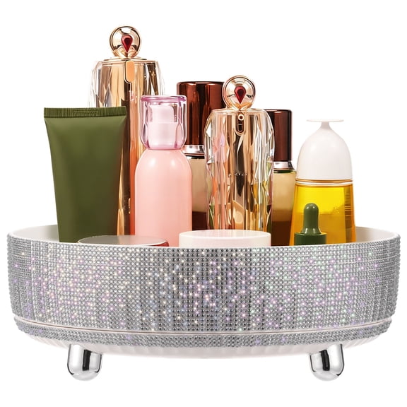 FKSZLL Bling Perfume Makeup Organizer Rhinestone Bathroom Organizer Makeup Storage Organizer 360° Rotating for Countertop Women Girl White, 11x4inch