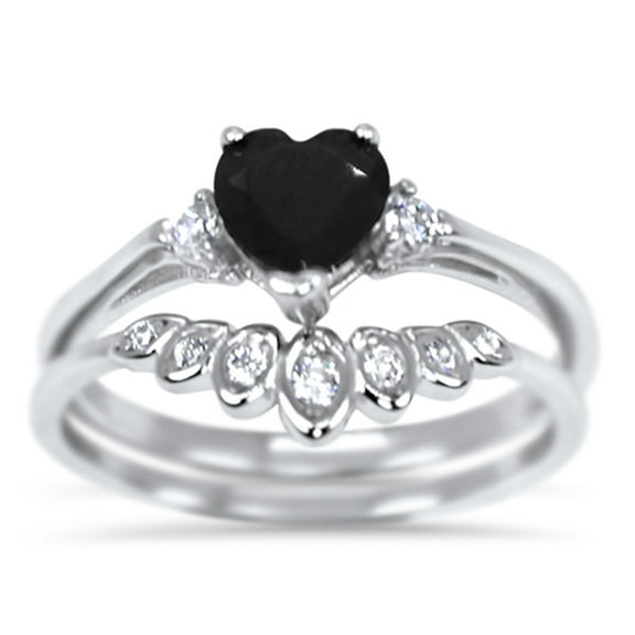 Vintage Sterling Silver Simulated Black Diamond Wedding Engagement Ring Set for Women Size 9