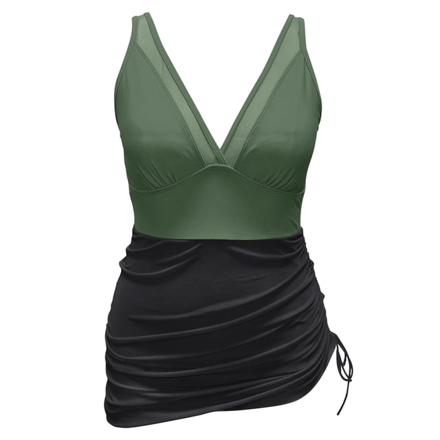 Bigersell Robe de Bain Modeste pour Femmes Maillots de Bain une Pièce Froncée Côté à Lacets en Maille Col en V Maillot de Bain Tenue de Plage Vert-A L