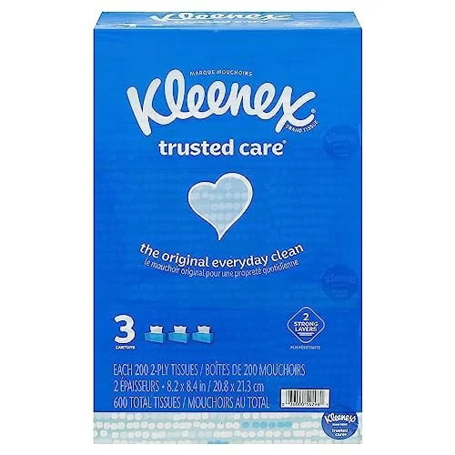 Kleenex Trusted Care 2-Ply Facial Tissues, 3 Flat Boxes, 600 Total Tissues