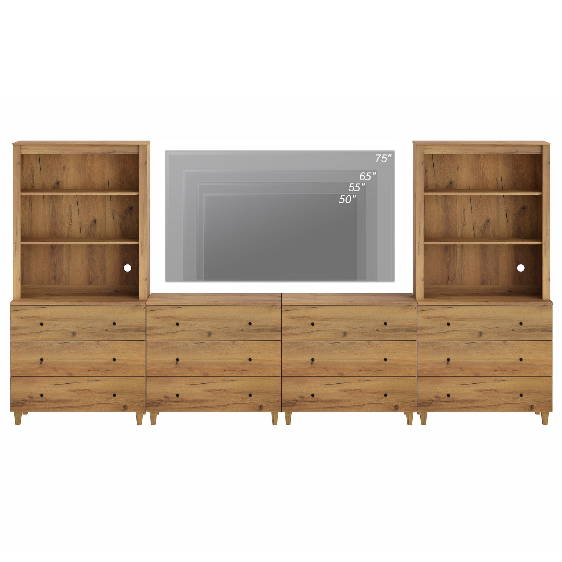 WAMPAT Entertainment Center for 75 Inches TVs with Bookshelves & Drawers, Oak Brown