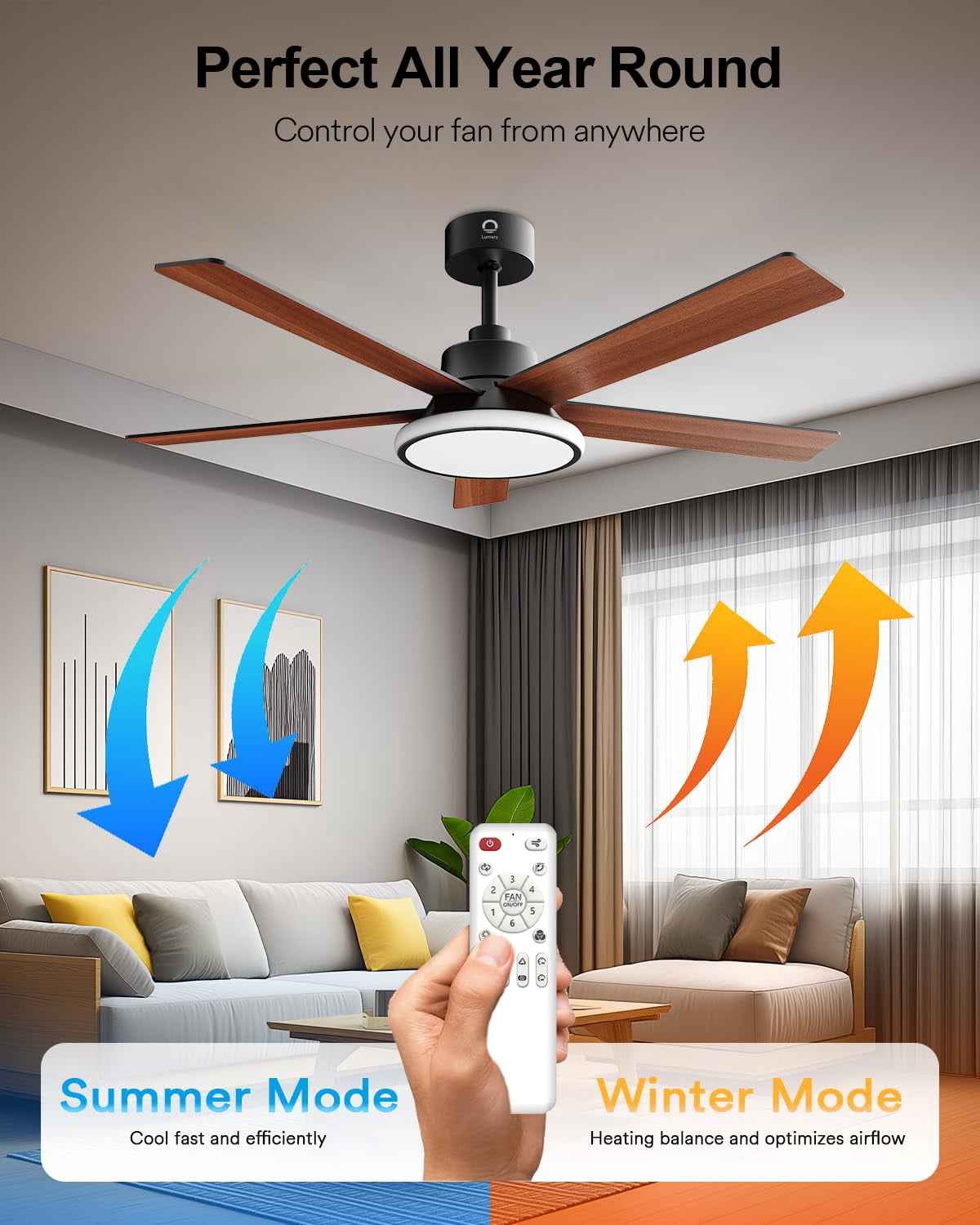 Lumary 52 Inch Smart Ceiling Fan with RGBAI Lights Remote Low Profile Ceiling Fan App Voice Control Dimmable & Color Tuning Modern Flush Mount