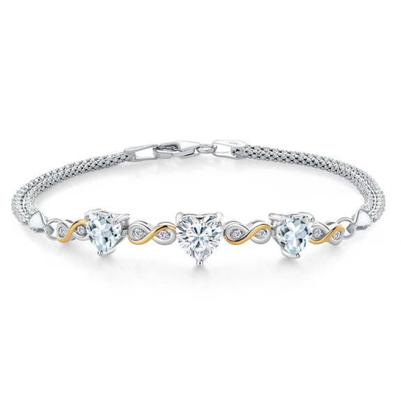 925 Silver and 10K Yellow Gold White Moissanite and Sky Blue Aquamarine and Lab Grown Diamond Bracelet for Women | 2.91 Cttw | Gemstone Birthstone | Heart Shape 7MM | 6.5/7/7.5 inch, Made in Italy