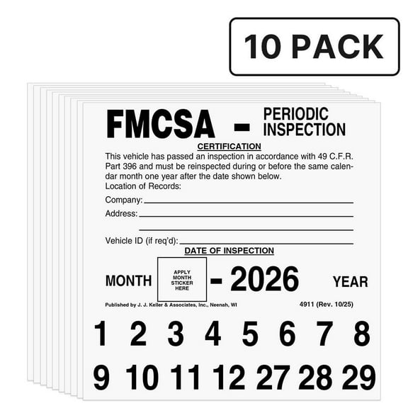 FMCSA Periodic Inspection Label 10-pk. - 5" x 5", Permanent Self Adhesive Vinyl - Meet DOT AVIR 49 CFR Part 396 Requirements