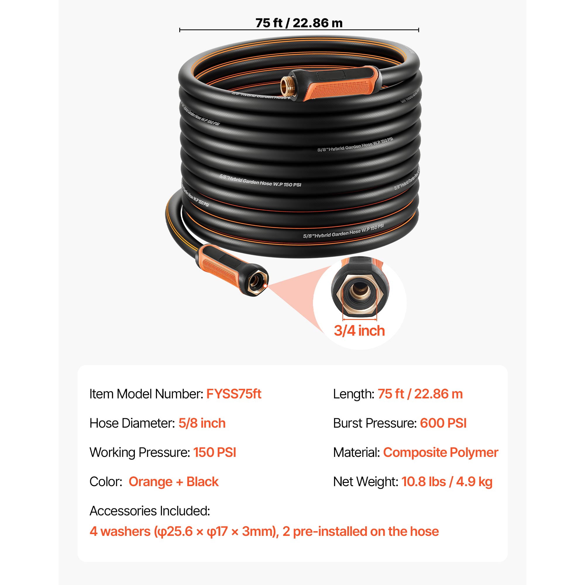 KFFKFF 75 ft 5/8" Durable 4-Layer Rubber Water Hose, 150PSI Working Pressure & 600PSI Burst Strength, Flexible Outdoor Hose with 3/4" Connector, Lightweight Design for Gardening and Cleaning