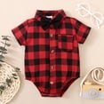 thumbnail image 3 of KIMI BEAR Newborn Baby Boys Outfits 9 Months Newborn Boy Spring Summer Outfits 12 Months Newborn Boy Checked Patterns Lapel Button Short Sleeve Romper Jumpsuit Red, 3 of 7