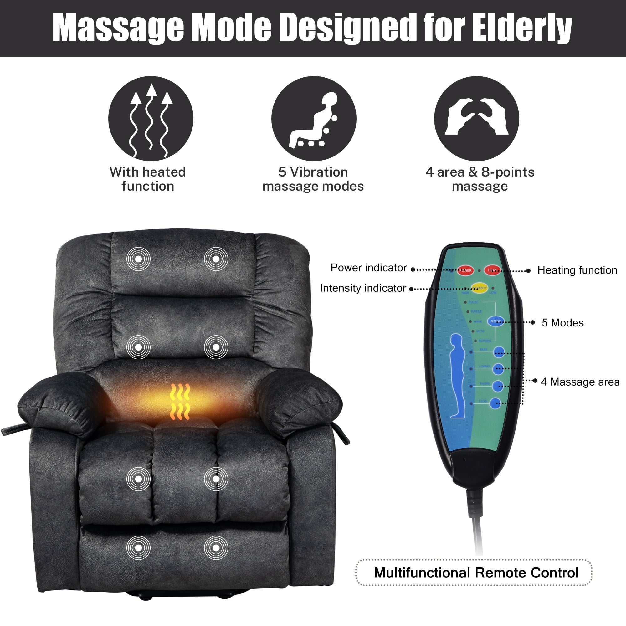 PAPROOS Recliner Chair, Electric Power Lift Recliner with Heat Therapy and Massage Function, Large Size Lift Chair with Remote and Side Pocket, Oversized Power Reclining Sofa, Gray Blue