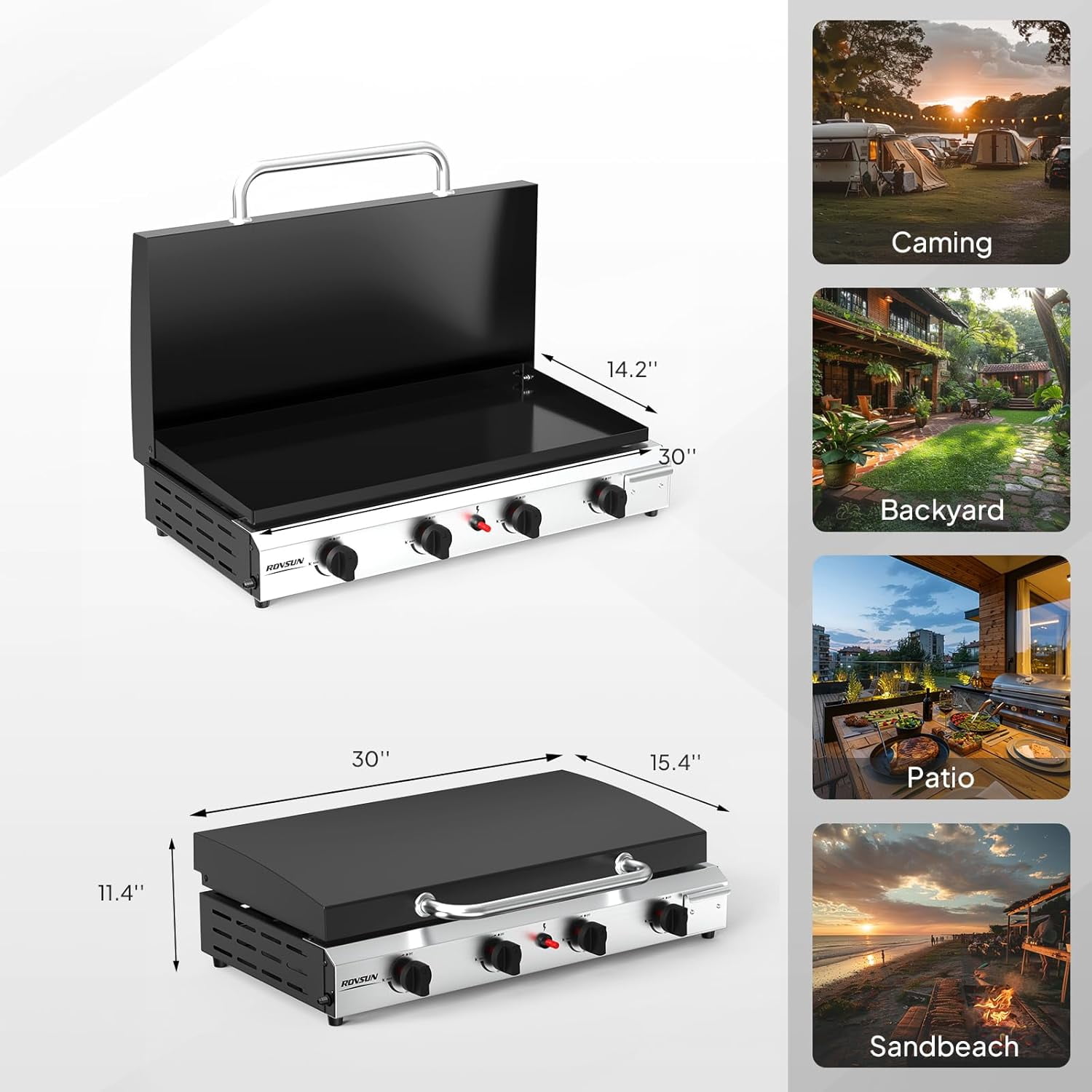 TUFFIOM 4 Burner Portable Propane Griddle with Enameled Tray & Lid, 40000 BTU Rolling Flat Top Gas Grill with Electronic Ignition & Regulator for Outdoor Cooking Camping BBQ Tailgating