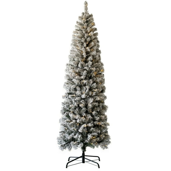 Senfot 6.5FT Pre-Lit Pencil Christmas Tree, Flocked & Frosted Skinny Xmas Tree with LED Lights, Foldable Stand, Realistic Appearance for Christmas Home Decor