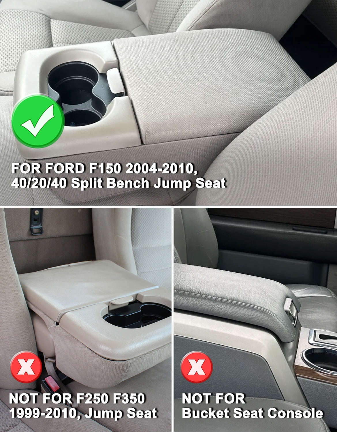 KBH Truck Center Console Cover for 2004-2010 Ford F150 with 40/20/40 Split Bench Jump Seat, Leather Middle Console Armrest Cover Cushion Pad for F150 Accessories Interior, Beige