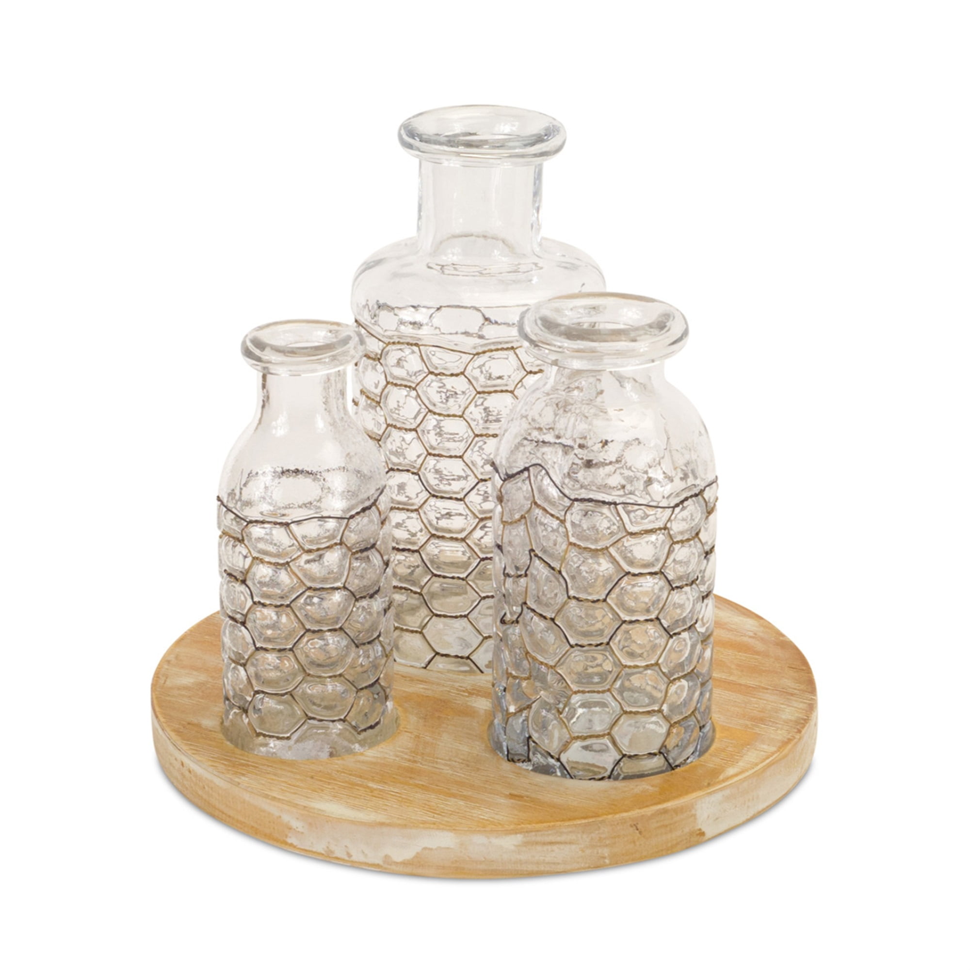 Jars w/Chicken Wire Wrap 9"H Glass/Wire, includes Tray 9.75"D Wood