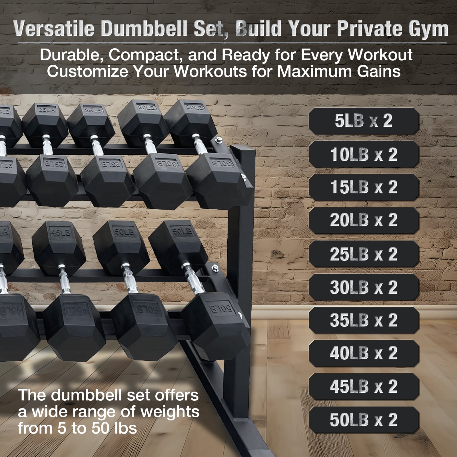 5–50 lbs Dumbbells Weight Set (10 Pairs) with Weight Storage Rack, 550 lbs Hex Dumbbell Sets, Gyms Weights Dumbbells Sets with Rack, Weight Set for Home Gym, Strength Training