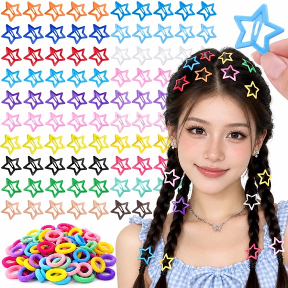 200PCS Star Snap Hair Clips with Rubber bands, Small Cute Hair Barrettes for Women Girls