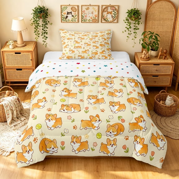 Manfei Cute Dalmatian Corgi Twin Comforter Sets, Spring Tulip Flower Bedding Set, Cream, Polkadot Reversible, 2-Piece, 1 Comforter and 1 Pillowcase