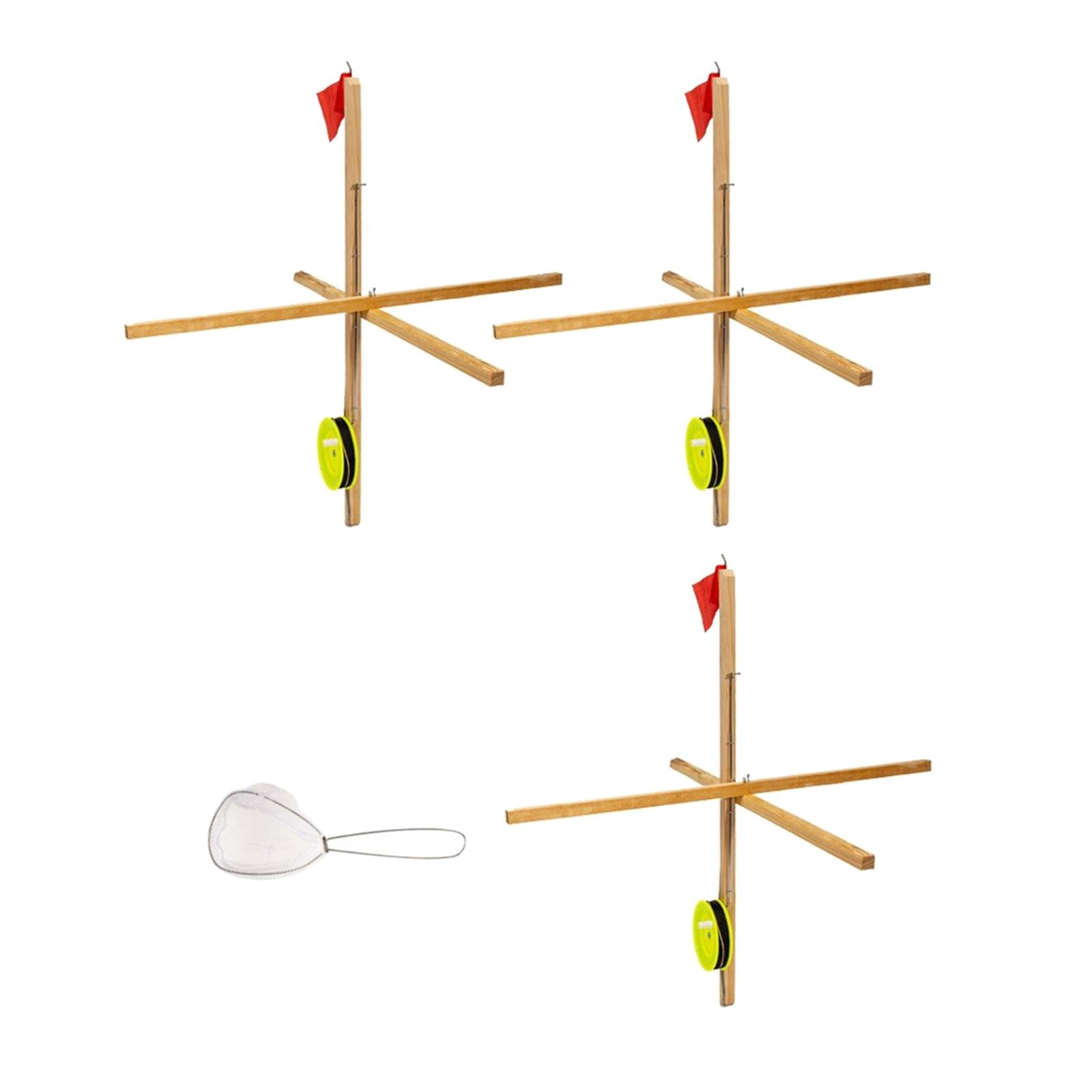 koolsoo 3 Pack Ice Fishing Tip up Folding Fishing Rod Flag and Spoon Net Portable Wooden