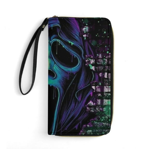 Ghostface Leather Wallet with Wristlet Credit Card Holder Zipper Clutch Stylish Purse for Women Men