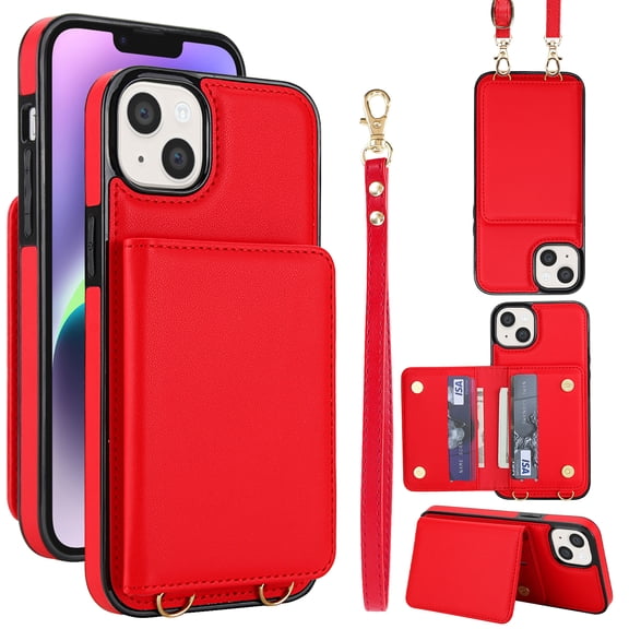 Crossbody Strap Wallet Case for iPhone 14 with Card Holder, Luxury PU Leather RFID Blocking Protective Case with Magnetic Back Flip Kickstand Detachable Wrist Lanyard,Red