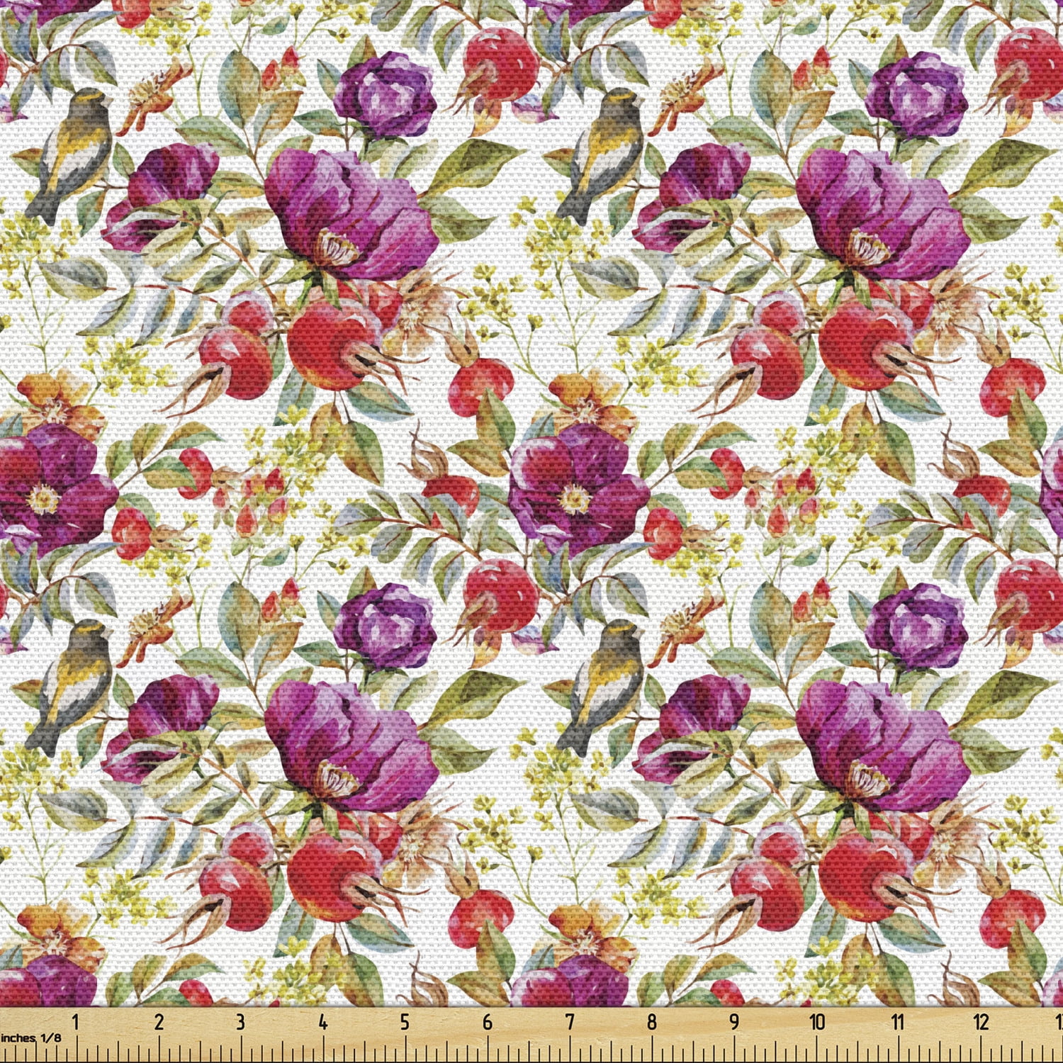 Floral Fabric by the Yard, Hot Pink Purple Colored Flowers with Leaves ...
