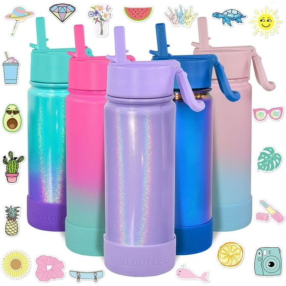 17 oz Kids Insulated Water Bottle with Straw Lid Leakproof and Cute Waterproof Stickers, Personalized Stainless Steel Flask Metal Water Bottle, Purple Sparkle