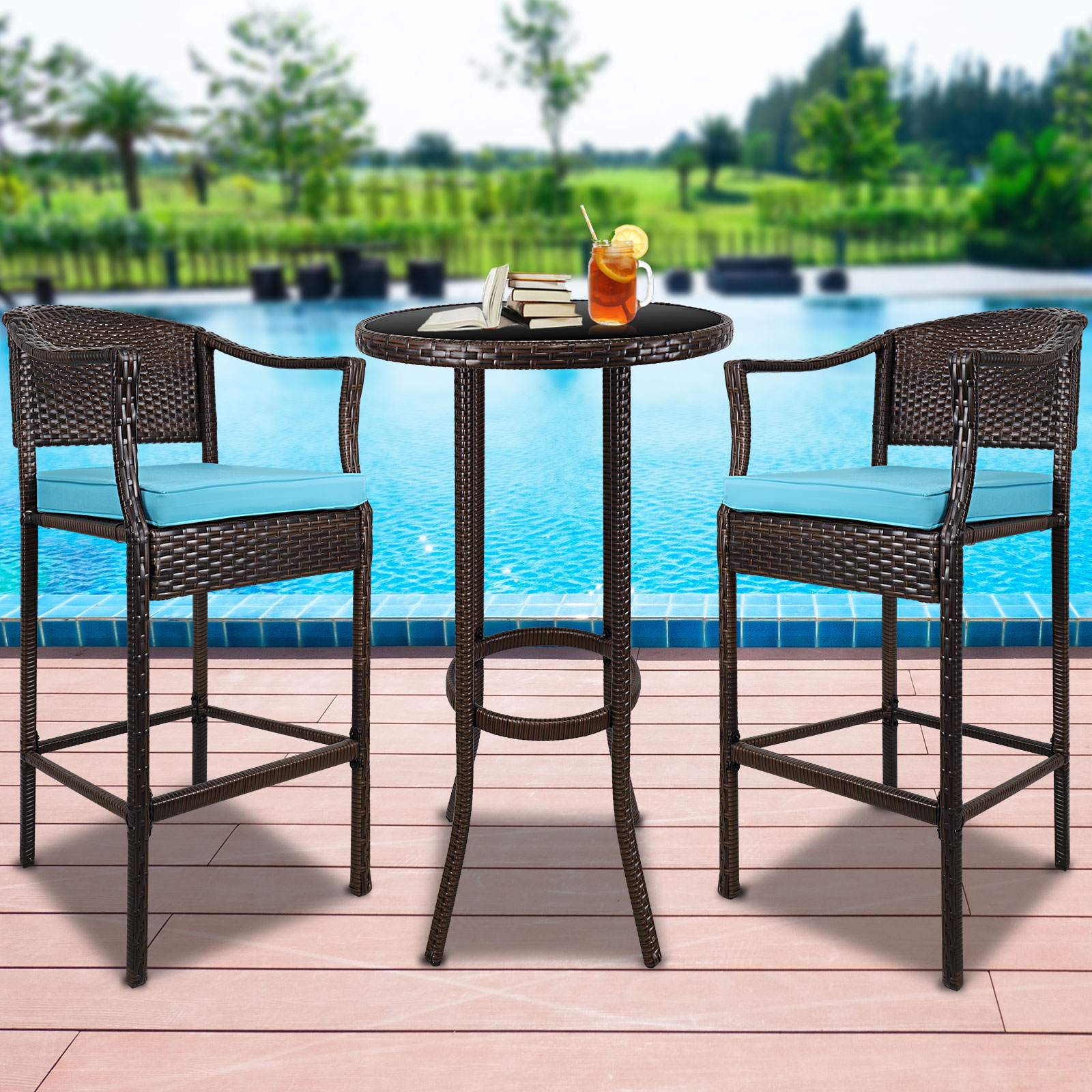 Syngar Patio Bistro Set, 3 Piece Outdoor Bar Table and Stools Set, 2 Patio Cushioned Bar Chairs with 1 High Glass Top Table, All Weather PE Rattan Furniture Set for Garden Yard Balcony Pool Cafe, B13 - image 2 of 10