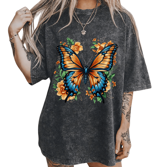 UNISHE Women's Vibrant Monarch Butterfly & Floral Graphic Vintage Washed Oversized T-Shirt Casual Relaxed Fit Tee