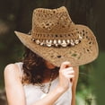 thumbnail image 2 of Yuanlong Womens Cowboy Hat Woven Straw Beaded Shell Detail Early Spring Spring Summer Carnival Valentine’s Day Fashion Hat, 2 of 4