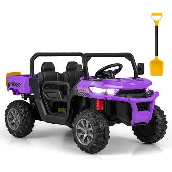 OLAKIDS Kids Ride On UTV, 12V Electric Vehicle Dump Truck with Remote Control, Dump Bed and Extra Shovel, Toddlers Battery Powered Car with 2 Speeds, Music, USB, AUX (Purple)