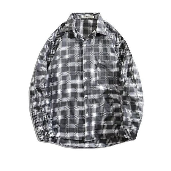 Mens Casual Button Down Shirts Autumn Winter Plaid Print Lapel Long Sleeve Loose Fashion Jacket Tops Daily-Wear